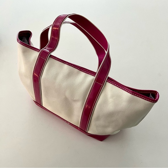 LANDS END Canvas & PINK Leather TOTE BAG - Open-top Snap Pockets MEDIUM - Picture 1 of 4